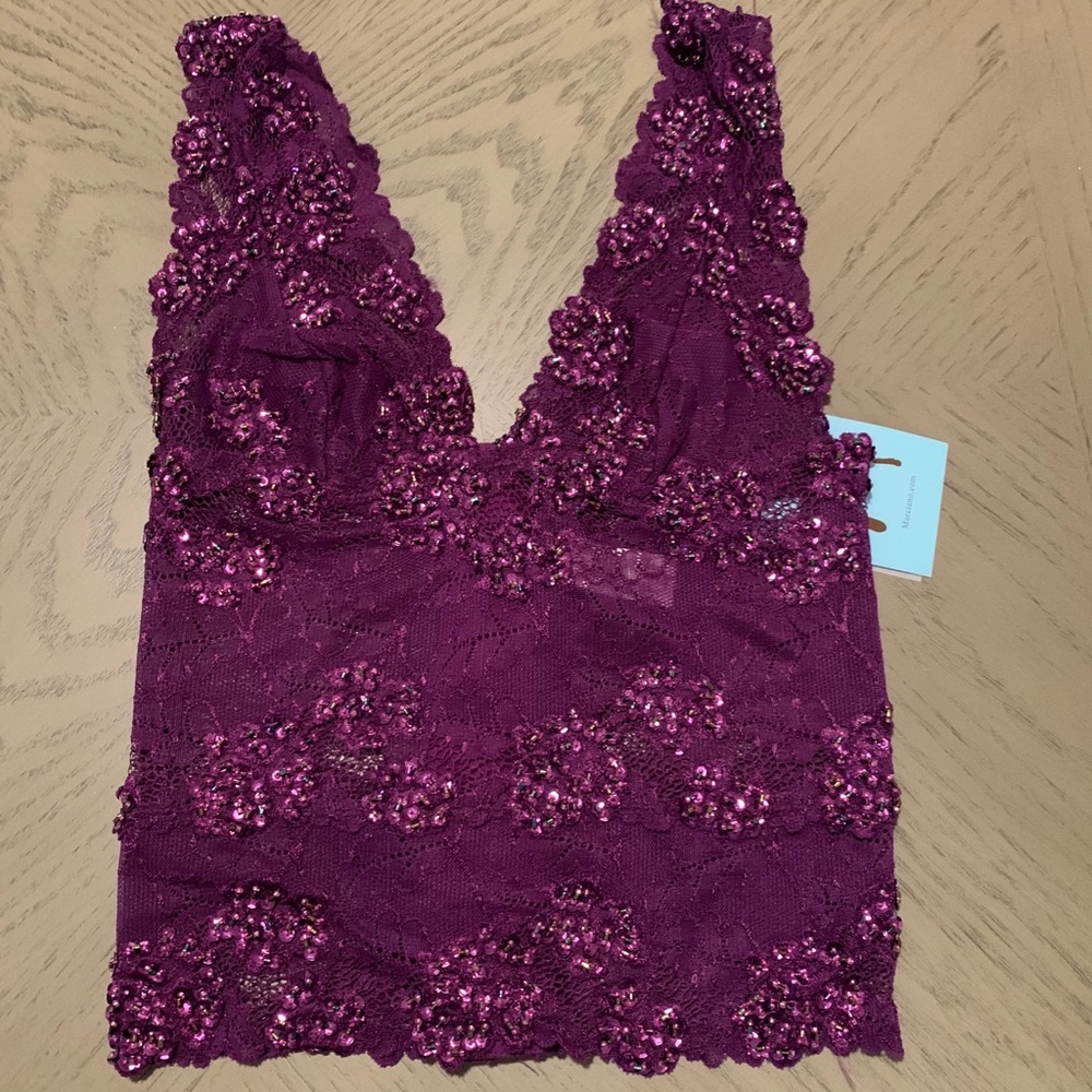 Marciano dark purple lace sequin & beaded crop top